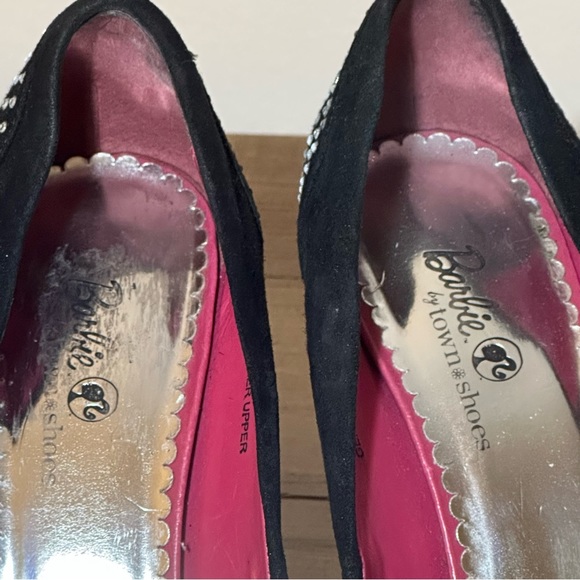 Barbie x Town Shoes black suede leather and sequin pink bottom heels - Picture 6 of 8